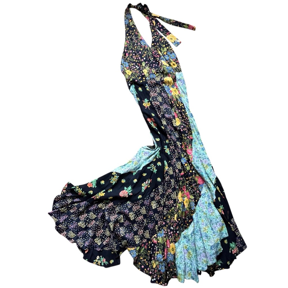 Vintage Dress Floral Patchwork Halter Maxi Summer Dress